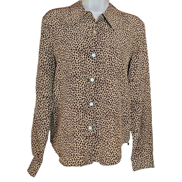 Spencer Jeremy Petites 100% Silk Leopard Print Long Sleeve Button-Down Blouse MP - Picture 1 of 10